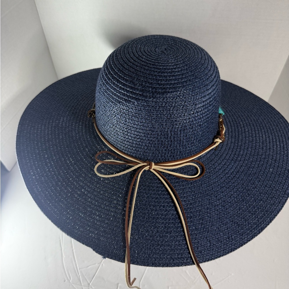 Elegant Navy Wide-Brim Hat with Turquoise Accents - Picture 3 of 6
